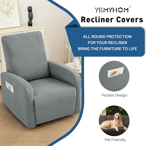Image of YEMYHOM 3 Pieces Stretch Recliner Slipcover Jacquard Small Recliner Chair Cover with Side Pocket Anti-Slip Fitted Furniture Protector with Elastic Bottom (X-Small Recliner, Light Gray)