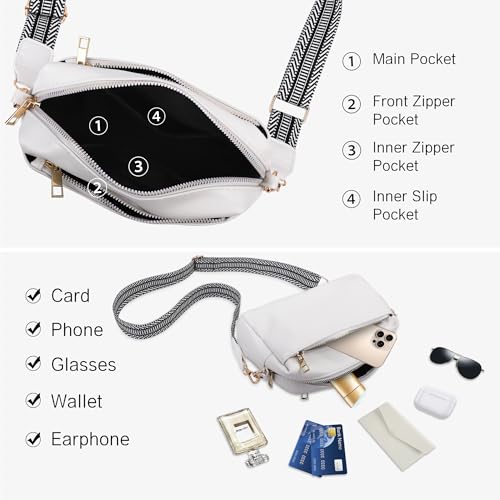 Image of VOROLO Crossbody Bag Small Leather Triple Zip Crossbody Purse Shoulder Bag with Ajustable Strap for Women White with Rope