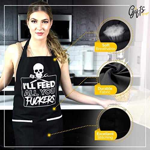 I'll Feed All You - Funny Cooking Apron For Men And Women - One Size Fits All - Durable Material With Large Pockets - Wash Friendly, Silk Screen Print - Great For Cooking, Grilling, And Gifting #TOP5