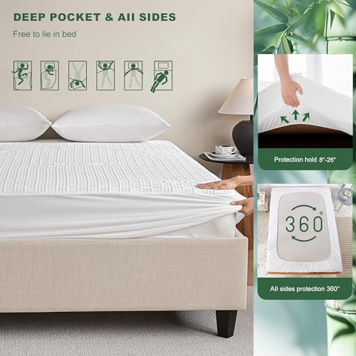 GRT Twin Waterproof Mattress Protector, Rayon Made from Bamboo Mattress Cover, Breathable Cooling Soft Mattress Protector, Machine Washable Mattress Pad with 8''- 26'' Deep Pocket