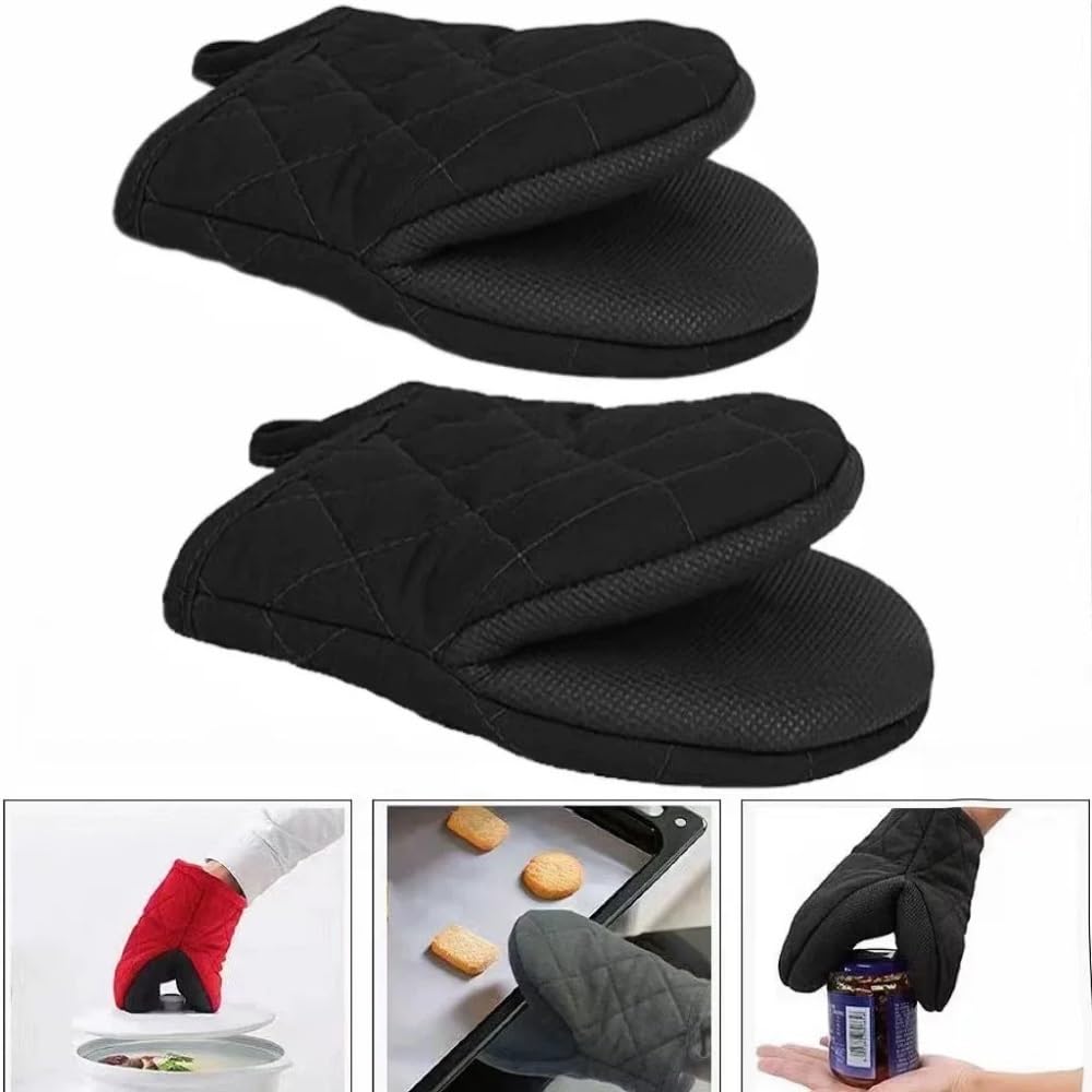 2 Kurze Ofenhandschuhe, Silikon-Küchenhandschuhe, hitzebeständig bis 260 °C, mit Rutschfester Grifffläche und Aufhängeschlaufe, Schwarz(2Pcs Black)