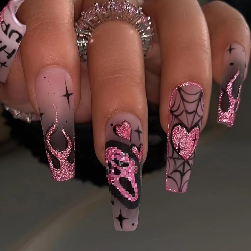 Halloween Press on Nails - Long Coffin Fake Nails with Ghostface Heart Flame Spider Skull Designs, Scream Nightmare Reusable Stick on False Nails with Glue Tabs for Women 24PCS