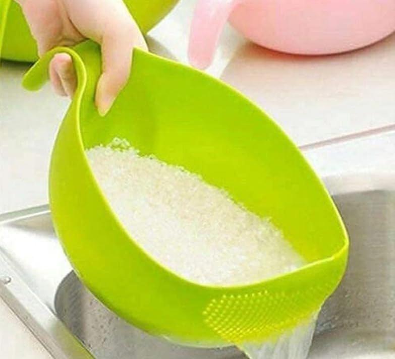 Image of Plastic Rice Washing Bowl Strainer Basket with Handle, Green