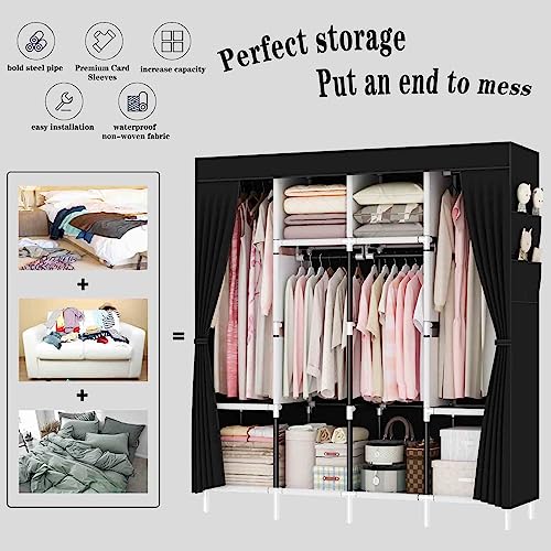 SMILOVII Canvas Wardrobe, Zippered Open Wardrobe, Portable Wardrobe With 4 Hanging Rails, 4 Compartments and 4 Side Pocket Fabric Wardrobes, 165 x 160 x 45 cm, Foldable Closets for Bedroom - Black - Image 3