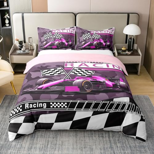 Cotton Purple Black Race Car Duvet Cover Full for Kids,Racing Car Extreme Sports 3 Pieces Duvet Cover,Kids Military Camouflage Print Comforter Cover (Not Comforter),Racing Game Gamer Quilt Cover