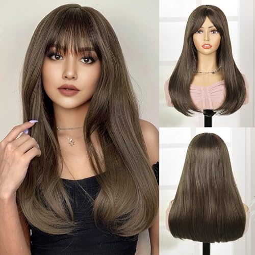 Image of Creamily Straight Long Hair Wig for Woman Girls Full Head Natura,Brown Artificial Women Hair Wig,Synthetic Ladies Wigs with Bang for Daily Use (Brown, 20 inch)