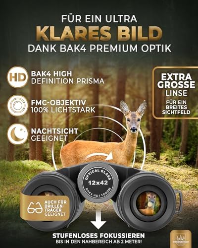 Bild 4 - Fernglas 12x42, [TESTSIEGER] Magnesium Fernglas mit Nitrogenfüllung und wasserdicht, für Erwachsene, BAK4 HD Prisma + FMC Objektiv, auch Brillenträger geeignet (Schwarz, 12x42)
