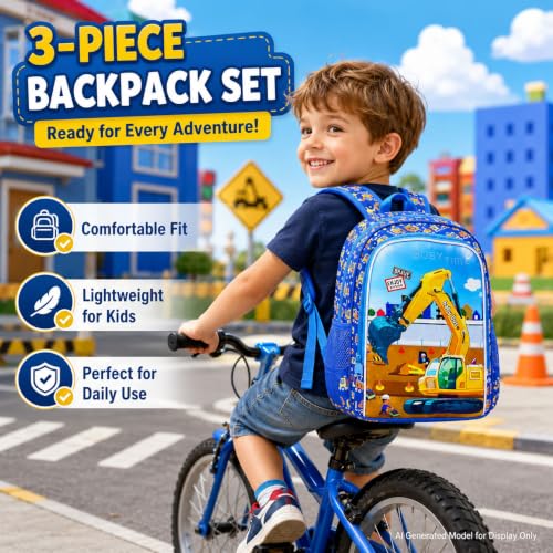 Image of 3Pcs Kids Backpack for Boys, 16 inch Excavator Bookbag Set for Elementary Preschool Kindergarten, School Backpacks with Lunch Box(Blue)
