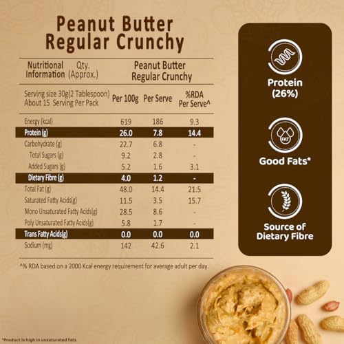 Image of Sundrop Peanut Butter | Crunchy | 462 grams | With 26% Protein | 4% Dietary Fibre | Premium Roasted Peanuts | No Preservatives | Great Value Per Gram of Protein
