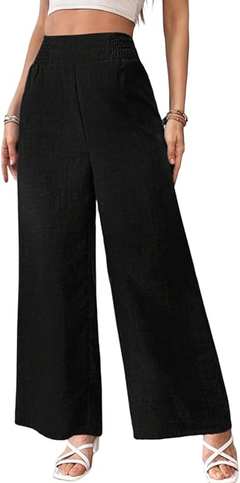 Womens Elastic High Waisted Palazzo Pants Fashion Linen Pants Business Casual Wide Leg Long Lounge Trousers