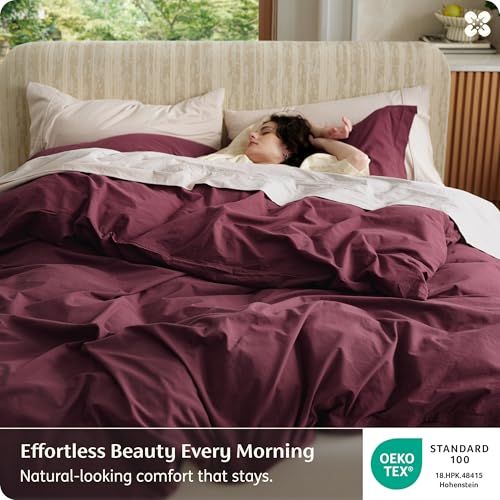 Image of Bedsure 100% Washed Cotton Duvet Cover Queen Size - Burgundy Minimalist Bedding Set Linen Like - PureWoven Plain Simple & Soft Comforter Cover for All Seasons (Burgundy, Queen, 90 inchx90 inch)