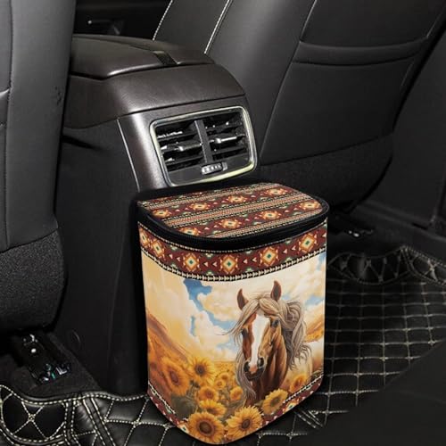 Image of Aztec Horse Sunflower Car Trash Can Hanging Leak Proof Trash Bin Hanging for Back /Front /Console of Cars,Horse Car Accessories for Women Men