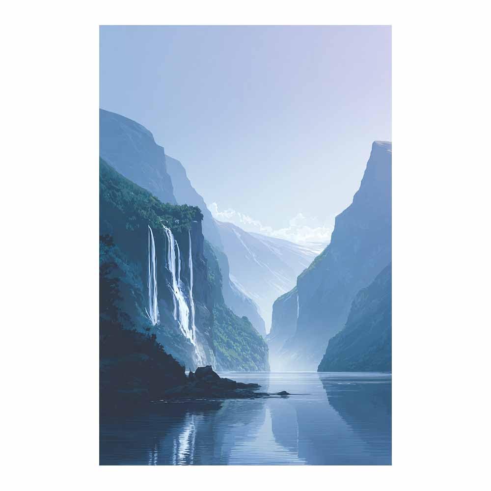 HUYEEI Canvas Print Wall Art Fjord Waterfall Modern Nature Landscape Poster, for living room, bedroom,Corridor Office Room Decoretc.(blue)-70x100cm Unframed