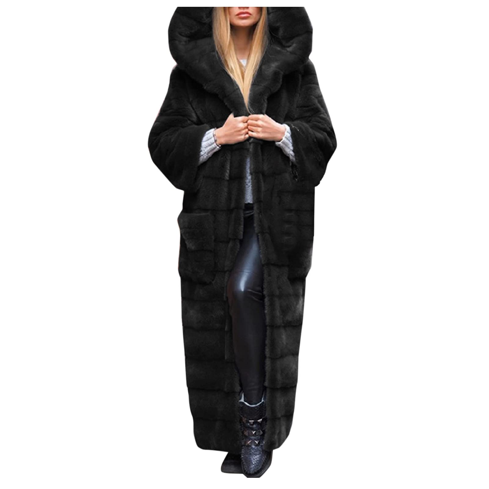 L9WEI Lange damesjas van imitatiebont, oversized, met capuchon, elegant, imitatiebont, effen, warme pluche mantel, losse winter, XL