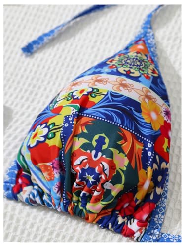 MakeMeChic Women's Plus Size 2 Piece Boho Floral Bikini Set Halter Paisley String Summer Swimsuit Bathing Suit3