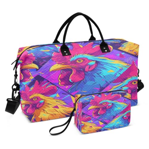 Sac de sport de natation coq de poulet coloré avec trousse de maquillage de voyage fille