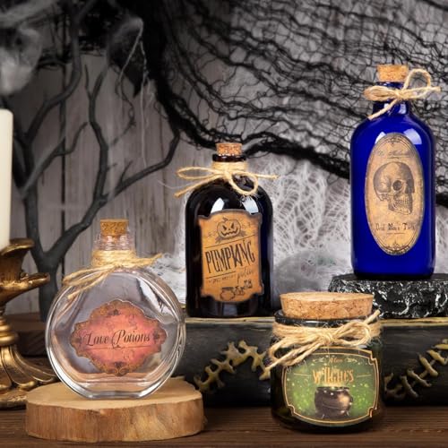 SKOOLOVE Potion Bottles Halloween Decoration, Set of 4 Glass Potion Bottles with Corks and 10 Halloween Bottle labels for Halloween Tiered Tray Decor, Halloween Decorations Indoor