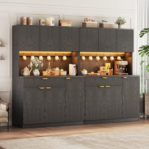 Fluted Kitchen Pantry Storage Cabinet with Charging Station/LED Light/Drawer/Doors/Shelves, 71'' Tall Kitchen Food Hutch with Microwave Stand for Dining Room Living Room (Black, 41 * 15.7 * 71) by Jocoevol - Image 8