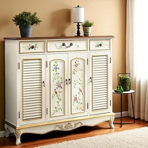 Image of APRODZ Wooden Handpainted Shoe Cabinet with Drawer Storage (White + Brown Finish)