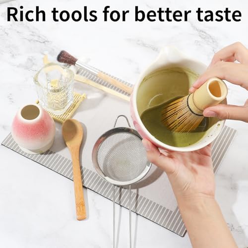 12 Pcs Matcha Whisk Set - Matcha Set Includes Ceramics Matcha Bowl and Cup, Matcha Kit for Ceremony Making Tools, Gift for Family/Friend （Gradient pink） — view 4