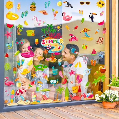 Image of Traplace 9 Sheets Summer Window Clings, Double Sided Summer Window Clings for Glass Windows, Hello Beach Decals, Sun Watermelon Pattern Stickers for Home Office Accessories Decorations