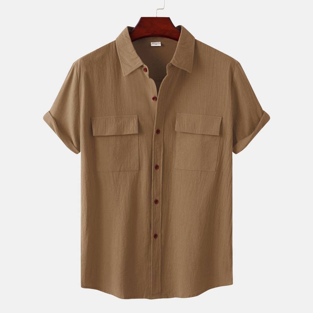 Camicia Hawaiana da Uomo, Camicia Hawaiana da Uomo a Maniche Corte con Bottoni Hawaiani Camicia Hawaiana in Lino di Cotone Kaki Top Casual Camicia da Spiaggia a Maniche Corte ad Asciugatura Rapida per