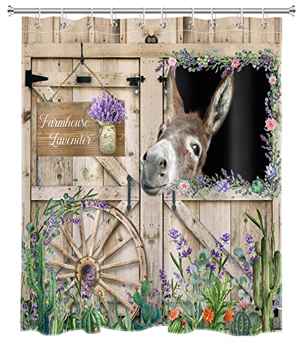 LB Farmhouse Donkey Shower Curtain Green Cactus Purple Floral Shower Curtains for Bathroom Rustic Barn Door Polyester Anti Mould Waterproof Small Bath Curtain Set including Hooks,59x71 inches - Image 2