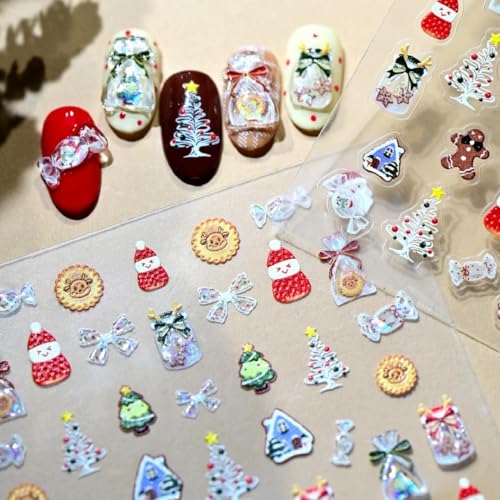 Image of Christmas Nail Stickers for Nail Art Xmas Tree Nail Decals Shiny Design Candy Bow Nails Art Decals Design 5D Embossed Self Adhesive for Women Girls Manicure DIY Decoration
