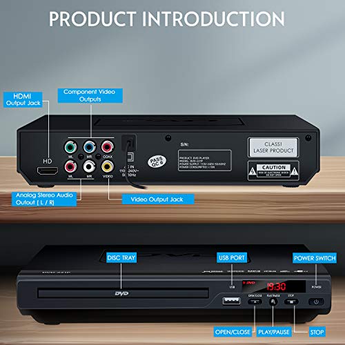 DVD Players for TV with HDMI Output, Full HD 1080p Upscaling DVD Player for Home, Plays All Formats & Regions, USB Port, Multi-Formats DVDs/CDs Supported, Remote Control and AV/HDMI Cable Included