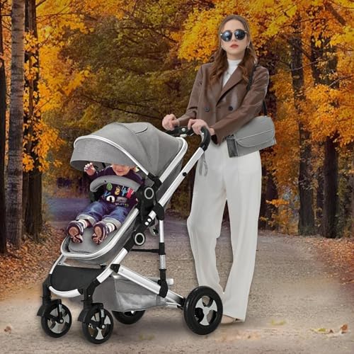 Kinder King 2 in 1 Convertible Baby Stroller, Folding High Landscape Infant Carriage, Newborn Reversible Pram, Adjustable Canopy, Diaper Bag, Anti-Shock Toddler Pushchair Stroller, Light Grey - Thumbnail 2