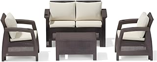 4-Seater Outdoor Sofa Set – Dark Brown Plastic Seating with Seat & Back Cushions & Coffee Table