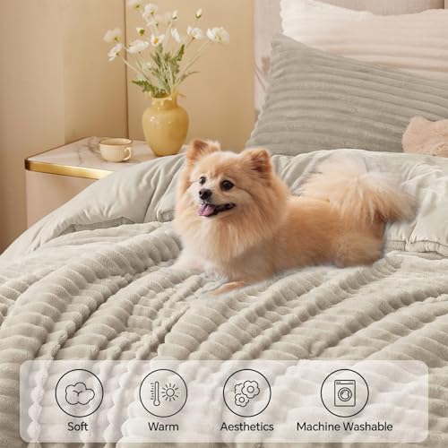 Image of BEDELITE Fleece Oversized Queen Comforter Set, Fluffy Bed Set, Linen | Super Soft & Warm Bedding, Luxury Fuzzy Faux Fur Comforter for Winter, Heavy Plush Bedding, with 2 Pillowcases