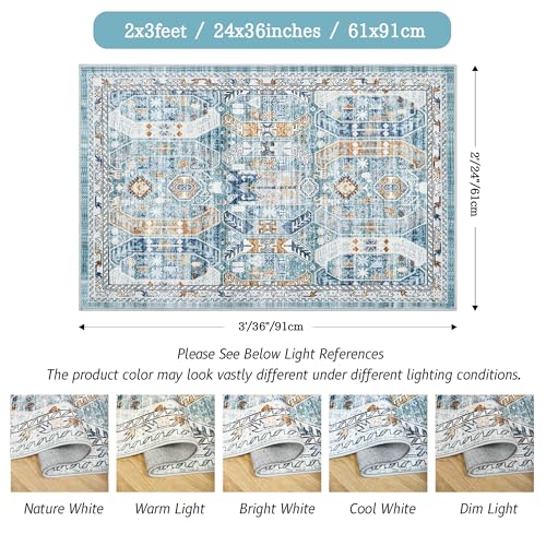 Madane Washable Area Rug 2x3, Small Entryway Rug Non-Slip Vintage Door Mat Indoor Entrance, Low Pile Floor Carpet for Inside Front Door Bedroom Kitchen Entry Laundry (2'x3', Blue/Gold)