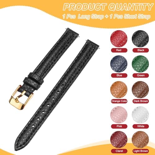 HARFINGTON Leather Watch Band 10mm Vintage Textured Padded Leather Watch Strap Litchi Grain Pattern Replacement Wristband with Stainless Steel Pin Buckle for Men and Women, Black - 2