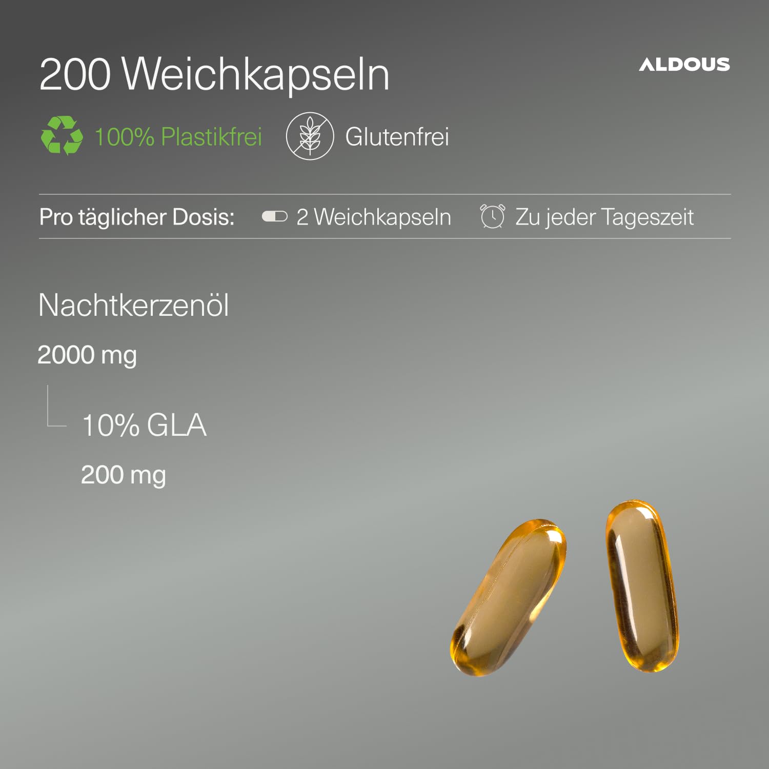 Nachtkerzenöl 2000 mg – 200 Kapseln mit Omega 6, 10% GLA – Kaltgepresstes Nachtkerzenöl – Nahrungsergänzungsmittel für die Menopause – Bei prämenstruellem Syndrom, Fruchtbarkeit – Vegan, ohne Zusatzs