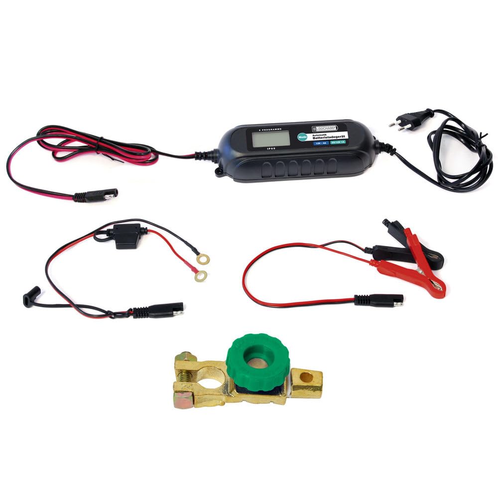 Bundle, 4A/1a Intelligentes Batterieladegerät, 6V/12V KFZ/Auto/Motorrad Ladegerät, Erhaltungsladegerät und Batterie Trennschalter Poltrenner Batterietrenner