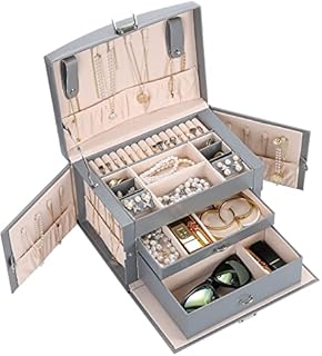 ProCase Large Jewellery Box Organizer for Women Girls, 3 Layers Leather Jewelry Display Storage Holder Case with Lock Handle for Earrings Bracelets Rings Watches -Grey
