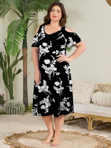 Image of LARACE Plus Size Women Dress for Summer, Midi Women's Sundress, Casual V-Neck Short Sleeve Flowy T-Shirt Dresses with Pockets