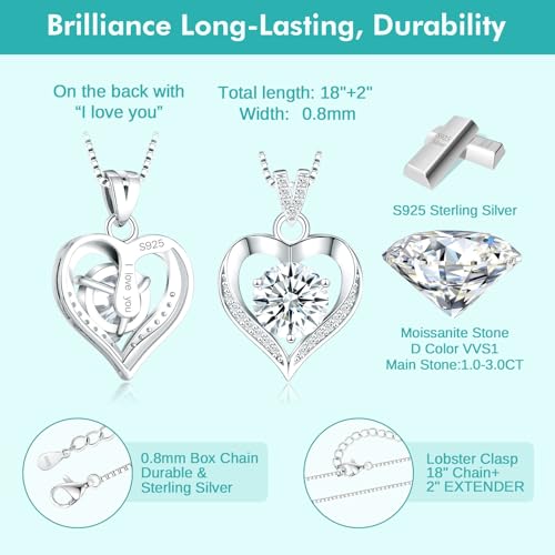 Moissanite Necklace for Women Moissanite Lab Created Diamond Heart Pendant Necklace Sterling Silver 1-3 Carat, Engraved with 'I LOVE YOU', Jewelry Gifts, for Wife, for Girlfriend, for Mom, Birthday Gift, Anniversary Present3