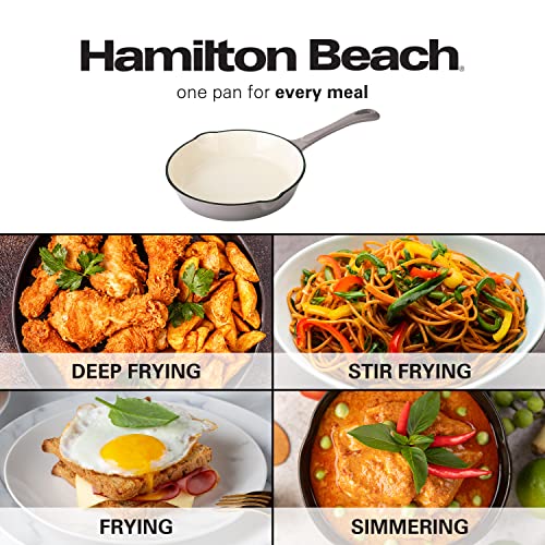 Hamilton Beach Enameled Cast Iron Fry Pan 8-Inch Gray, Cream Enamel Coating, Skillet Pan For Stove Top And Oven, Even Heat Distribution, Safe Up To 400 Degrees, Durable #TOP6