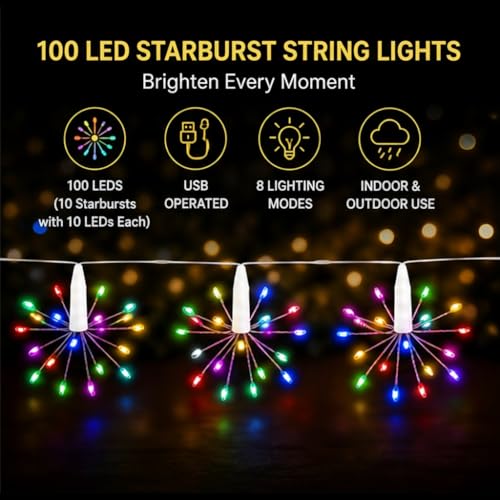 Image of Litehom Starbursts Lights, 10 ft USB-Powered Waterproof Fairy Star String Lights - Indoor-Outdoor Decor for Diwali, Navratri, Christmas & New Year (Multi)