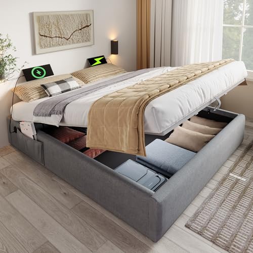 Letto Matrimoniale con Contenitore 140 × 200 cm con USB Type C, Letto imbottito con senza testiera, Letto Contenitore con rete a doghe, Struttura Letto Matrimoniale