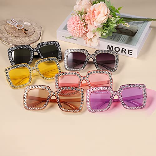 LUTER 6 Pairs Rhinestone Sunglasses, Bling Sparkling Sunglasses Rhinestone Sunglasses Square Fashion Thick Frame Crystal Sunglasses Oversized for Unisex Men Women Costume Dress Up3