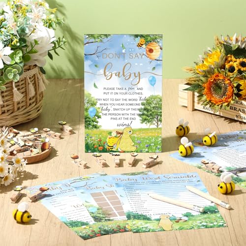 Image of Patelai 321 Pcs Baby Shower Games Supplies, 5 Sets (50 Cards Each) Activities Cards with 20 Pencils 1 Don't Say Baby Sign 50 Clothespin(Honey)