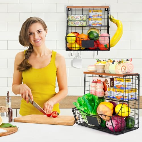 Wuciray 2pcs Obstkorb Hängend Gemüse Aufbewahrung mit Holzdeckel Hängekorb Wand mit Schäler und 5 Haken Obst Etagere fur Aufbewahrung Von… – Ansicht 8