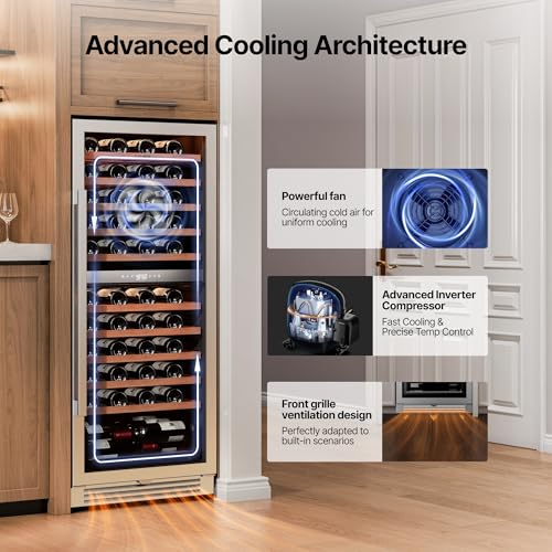 Image of Ca'Lefort 24 Inch Dual Zone Wine Fridge, 90 Bottle Built-In Wine Cooler | 55-Inch Tall Wine Cellar, Quiet Inverter Compressor, Precise 40-65F Temperature Control, Glide-Out Shelves & Storage Drawer