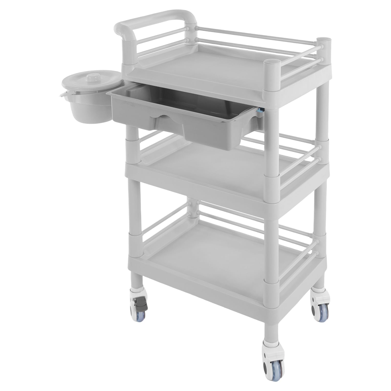 CNCEST Professional Medical Trolley,3 Tier Medical Utility Cart 220 Lbs Load with 360° Rotate Wheels Utility Cart with Dirt Bucket & Drawer Spacious Spa Beauty Salon Rolling Cart