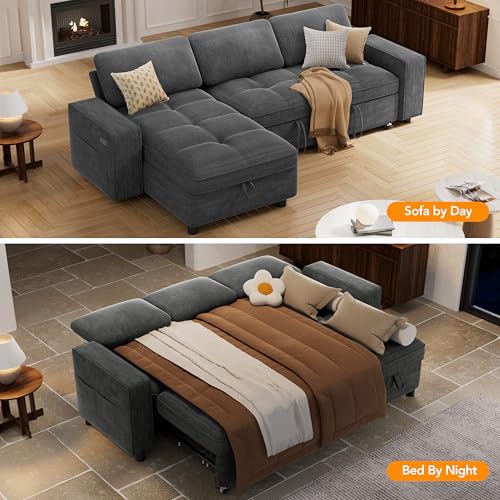 Image of Vipbear 81 inch Sectional Sleeper Sofa with Pull Out Bed, Chenille L Shaped Sleeper Sofa, Pull Out Couch with Reclining Backrest, Reversible Storage Chaise, USB Ports, Tool-Free Assembly, Dark Grey