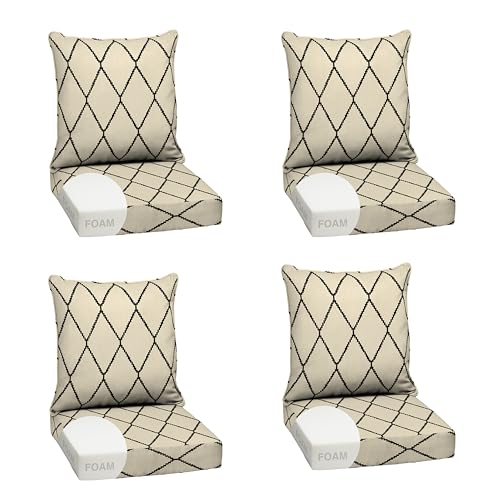 Image of Arden Outdoor Foam Deep Seat Cushion Set, 4-Pack, 24x24, Premium High-Density Foam, Never Flattens, Weather-Proof for Patio Chair Sofa Couch, Tan Diamond Trellis