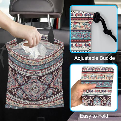 Image of Car Trash Bag Geomatric Textile Texture Car Garbage Bag Hanging Car Trash Can for Back Seat with Drawstring, Waterproof Garbage Bags for Car Accessories Vehicle Travelling Camping Outdoor